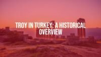 Ancient ruins of Troy in Turkey, historical landscape, sunset lighting, realistic.