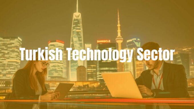 Modern Turkish city skyline with glowing tech hubs, young entrepreneurs working on laptops, futuristic digital elements, vibrant and dynamic atmosphere.