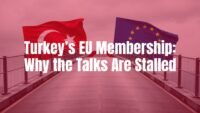 A symbolic image of Turkey's EU membership bid, featuring a bridge between the Turkish flag and the EU flag with a roadblock in the middle, political and human rights themes, serious tone, realistic style.