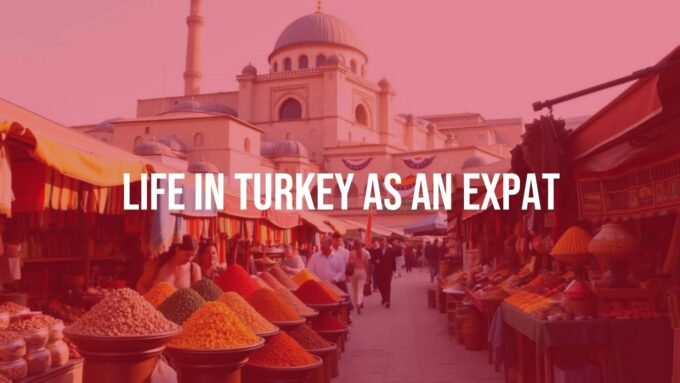 Expat life in Turkey, vibrant bazaar scene with colorful spices and textiles, historic architecture in background, warm sunlight, realistic.