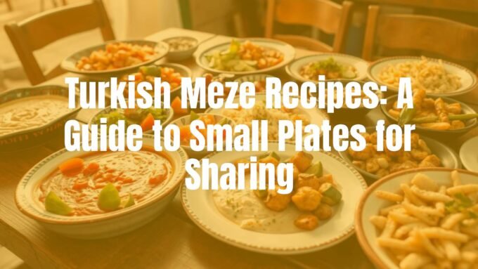 Colorful Turkish meze spread on a rustic wooden table, including dips, salads, and stuffed vegetables, warm Mediterranean lighting, inviting and social atmosphere, realistic.