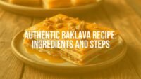 Golden baklava pastry with layers of phyllo dough and nuts, drizzled with honey syrup, on a rustic wooden table, warm lighting, realistic.