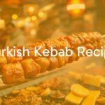 Juicy Turkish kebab on skewers, sizzling on a grill, vibrant spices, bustling street food market, warm lighting, realistic.