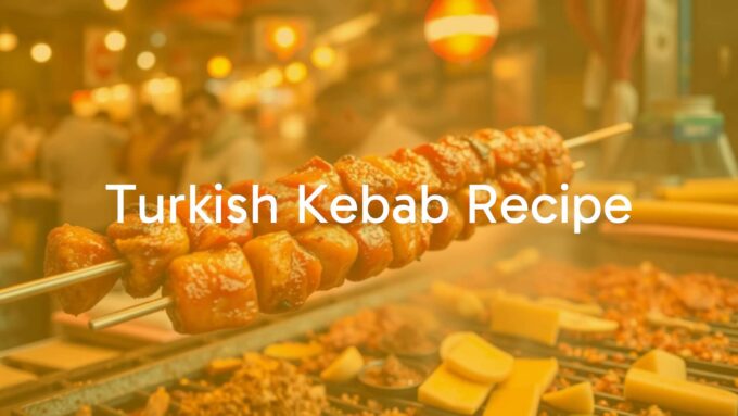 Juicy Turkish kebab on skewers, sizzling on a grill, vibrant spices, bustling street food market, warm lighting, realistic.