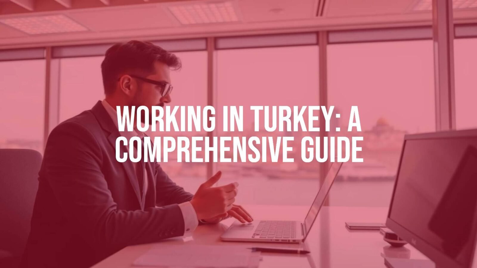 Professional worker in an office in Istanbul, modern work environment, Turkey skyline view, bright and professional atmosphere, realistic.