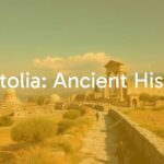 Ancient Anatolian landscape with ruins of civilizations, blending East and West, historical pathway, vibrant cultural heritage, realistic.