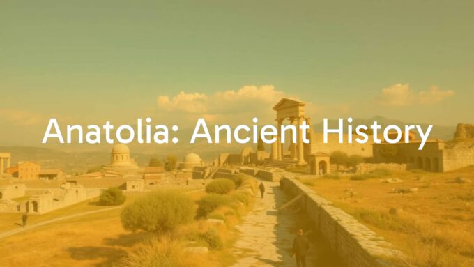 Ancient Anatolian landscape with ruins of civilizations, blending East and West, historical pathway, vibrant cultural heritage, realistic.