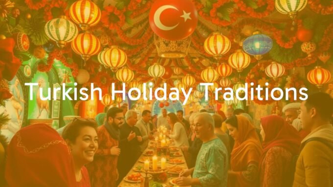 Vibrant Turkish holiday celebration, colorful decorations, family gathering, traditional clothing, festive atmosphere, warm lighting, realistic.