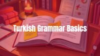 Turkish language learning concept, open book with Turkish text and suffixes, colorful sticky notes with grammar rules, cozy study desk, warm lighting, illustrative style.