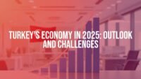 An economic chart with upward trend line, Turkish flag in background, modern office setting, professional and optimistic vibe, illustrative style.