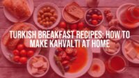 Colorful Turkish breakfast spread on a wooden table, fresh bread, olives, cheese, tomatoes, cucumbers, honey, jam, realistic.