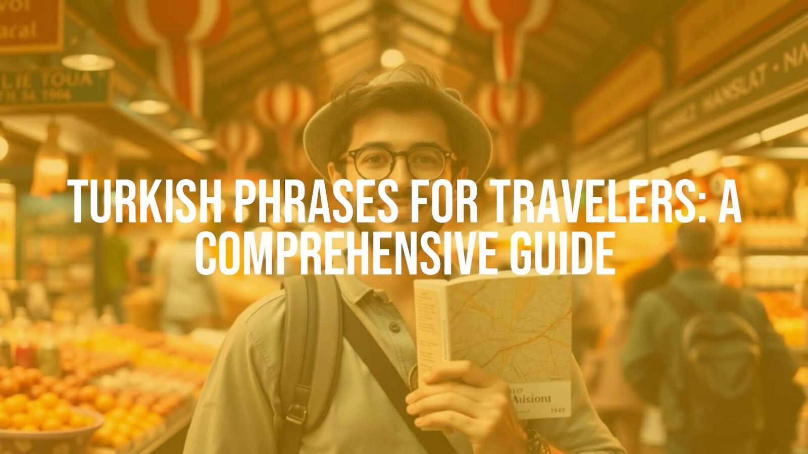 A traveler holding a guidebook with Turkish phrases, standing in front of a bustling Istanbul street market, warm and welcoming atmosphere, realistic.