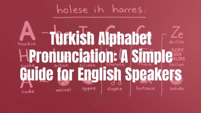 The Turkish alphabet written on a chalkboard with English pronunciation examples next to each letter, clean and educational, illustrative style.
