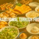 Colorful traditional Turkish food spread with kebabs, fresh salads, flaky pastries, and desserts, vibrant and inviting, realistic.