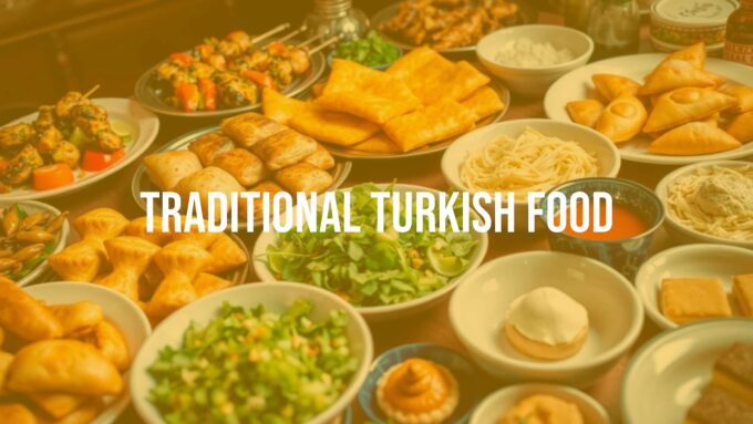 Colorful traditional Turkish food spread with kebabs, fresh salads, flaky pastries, and desserts, vibrant and inviting, realistic.