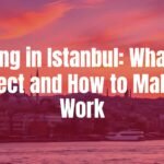 Panoramic view of Istanbul skyline with Hagia Sophia and Blue Mosque, Bosphorus bridge in background, vibrant sunset colors, realistic.