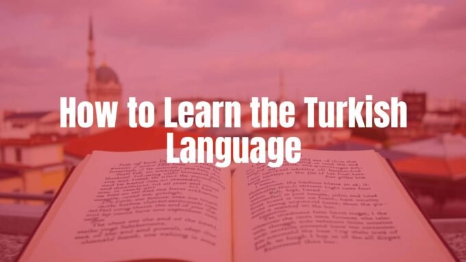 Turkish language learning, open book with Turkish script, Istanbul skyline in background, warm and inviting colors.