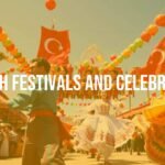 Vibrant Turkish festival scene with colorful decorations, traditional dancers in costumes, and a lively crowd, under a clear blue sky, realistic.