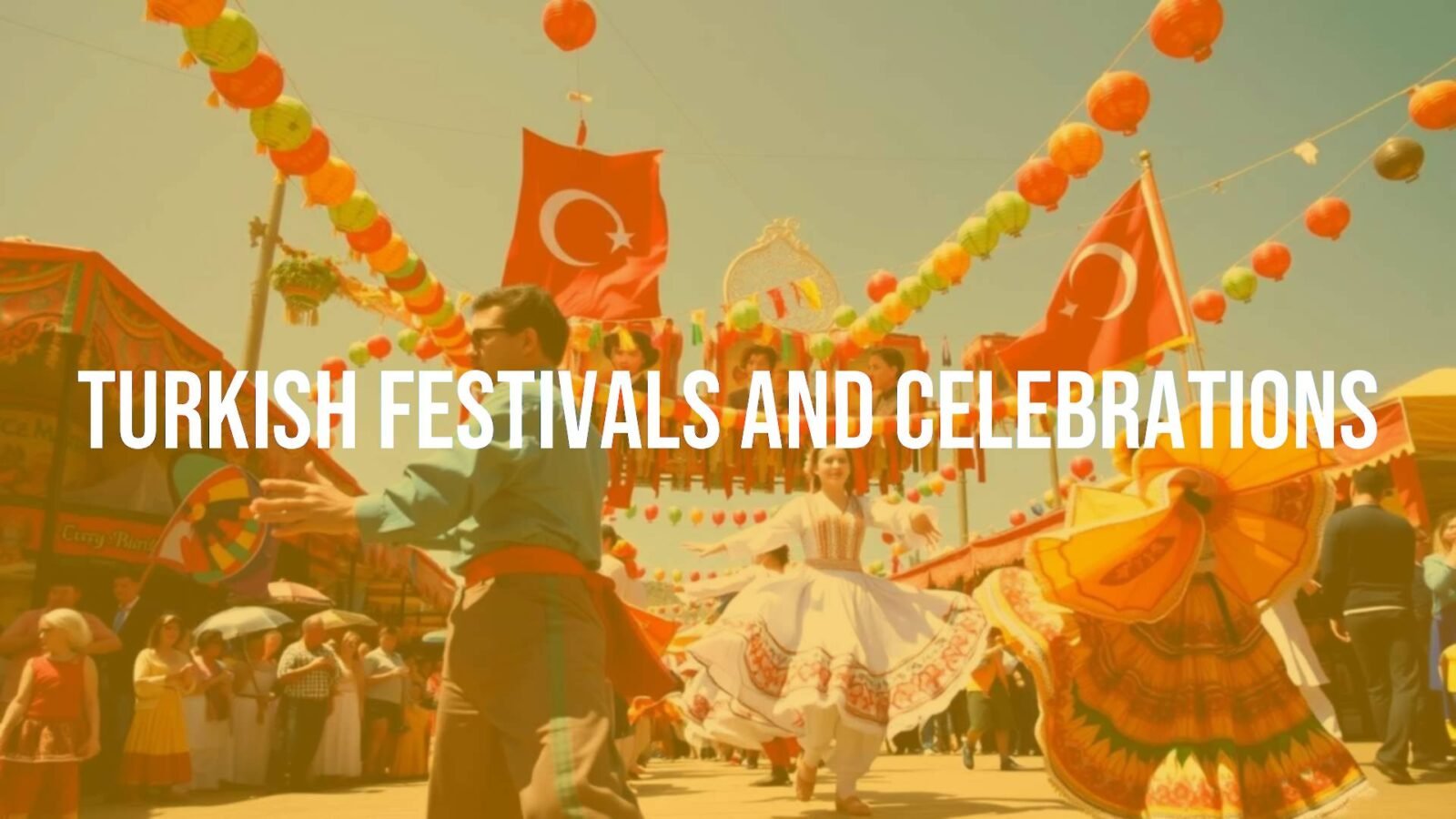 Vibrant Turkish festival scene with colorful decorations, traditional dancers in costumes, and a lively crowd, under a clear blue sky, realistic.