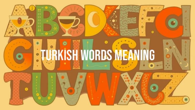 Turkish alphabet letters with cultural symbols like tea and evil eye, vibrant colors, illustrative style.