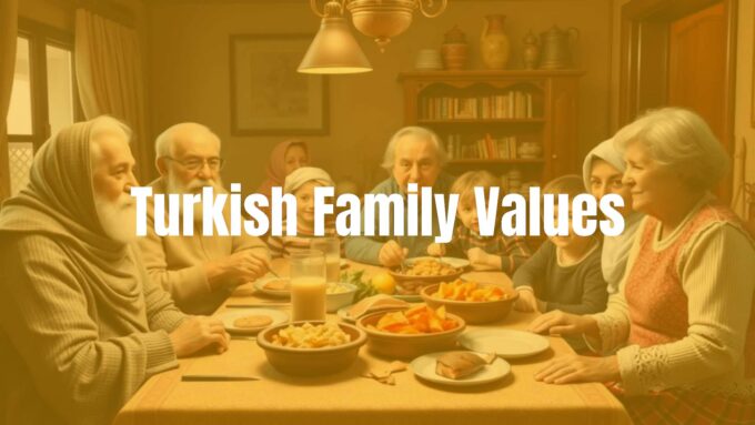 A warm and happy Turkish family gathering, grandparents, parents, and children sharing a meal together, traditional home setting, cozy and inviting atmosphere, realistic style.