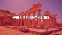 Ancient ruins of Ephesus in Turkey, columns and stone structures, Mediterranean landscape, bright sunlight, historical and archaeological vibe, realistic.