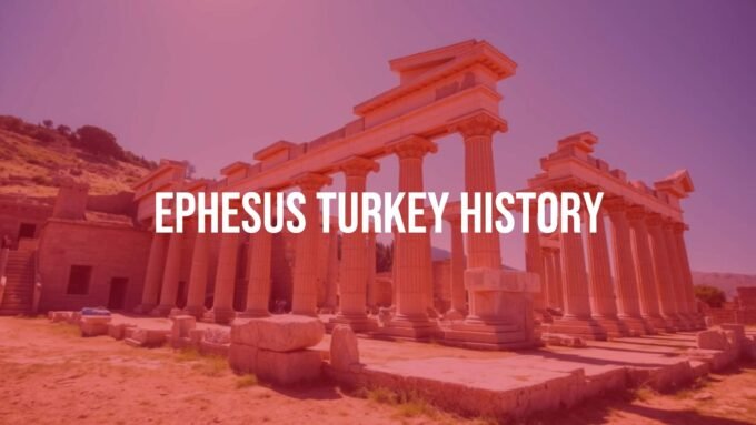 Ancient ruins of Ephesus in Turkey, columns and stone structures, Mediterranean landscape, bright sunlight, historical and archaeological vibe, realistic.