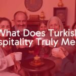 A warm Turkish family welcoming guests with tea and smiles, cozy home setting, traditional decor, inviting atmosphere, realistic.