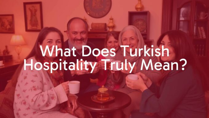 A warm Turkish family welcoming guests with tea and smiles, cozy home setting, traditional decor, inviting atmosphere, realistic.