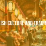 Vibrant Turkish bazaar scene with colorful textiles, traditional lanterns, and a tea set, warm lighting, cultural fusion, lively atmosphere.