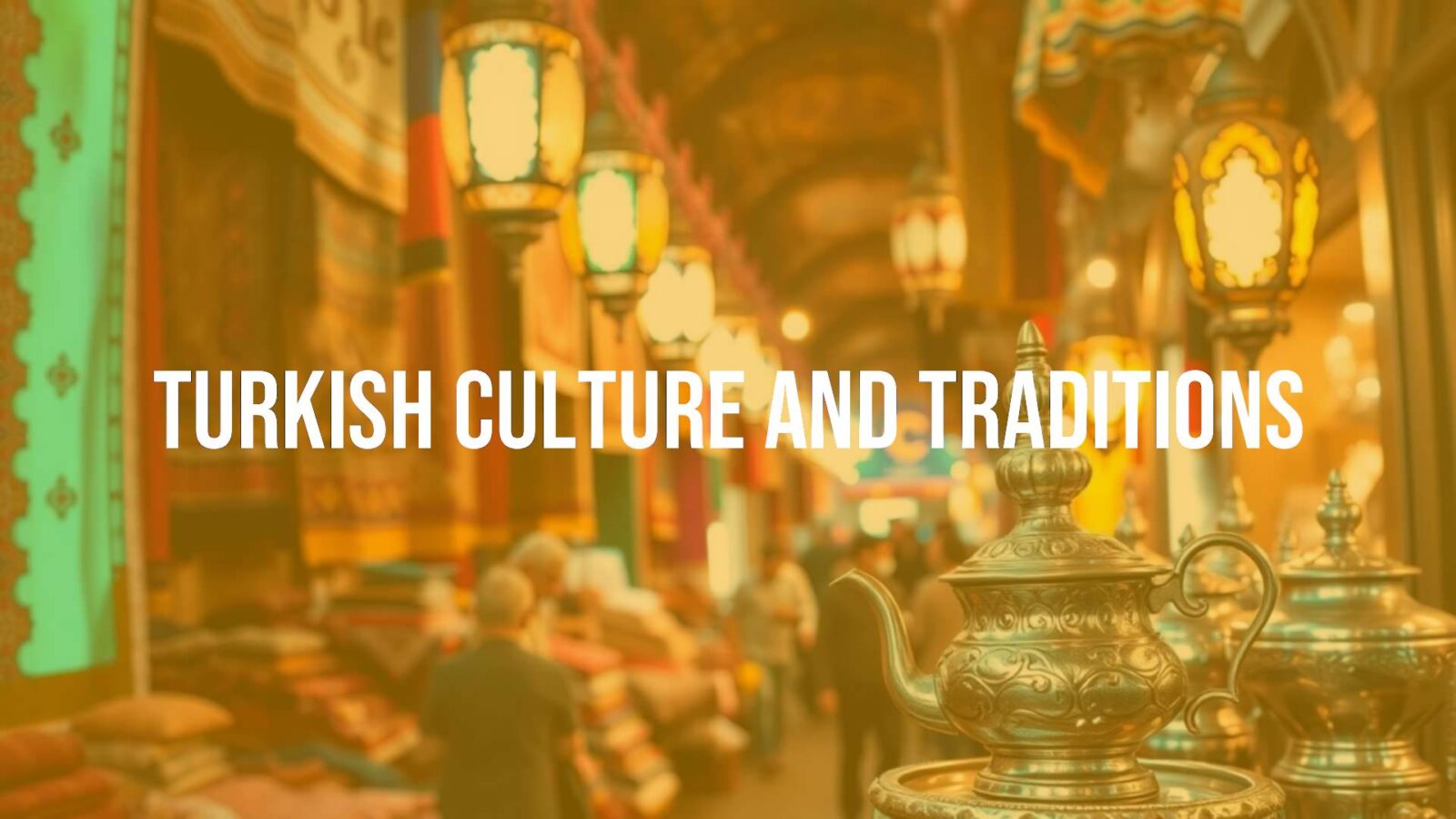 Vibrant Turkish bazaar scene with colorful textiles, traditional lanterns, and a tea set, warm lighting, cultural fusion, lively atmosphere.