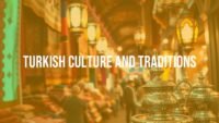Vibrant Turkish bazaar scene with colorful textiles, traditional lanterns, and a tea set, warm lighting, cultural fusion, lively atmosphere.