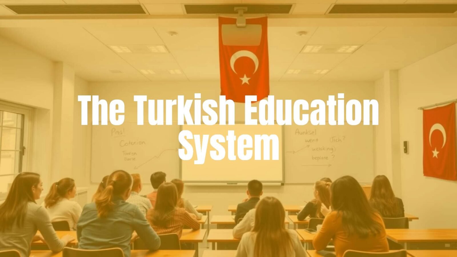 A modern Turkish classroom with diverse students, interactive whiteboard, and Turkish flag in the background, representing education progress, realistic style.