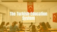 A modern Turkish classroom with diverse students, interactive whiteboard, and Turkish flag in the background, representing education progress, realistic style.