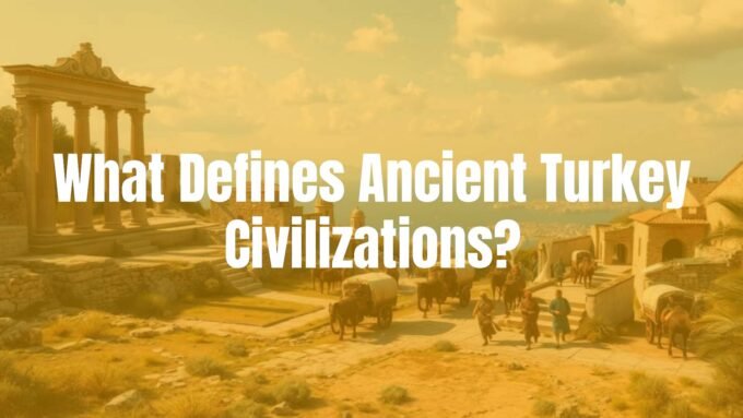 Ancient Anatolia landscape, Black Sea in the distance, Roman and Byzantine ruins, bustling trade caravan on a historic crossroads, realistic style.