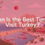 Scenic view of Turkey with diverse seasons, spring flowers, summer beaches, autumn cultural events, and winter snowy landscapes, vibrant and inviting, illustrated.