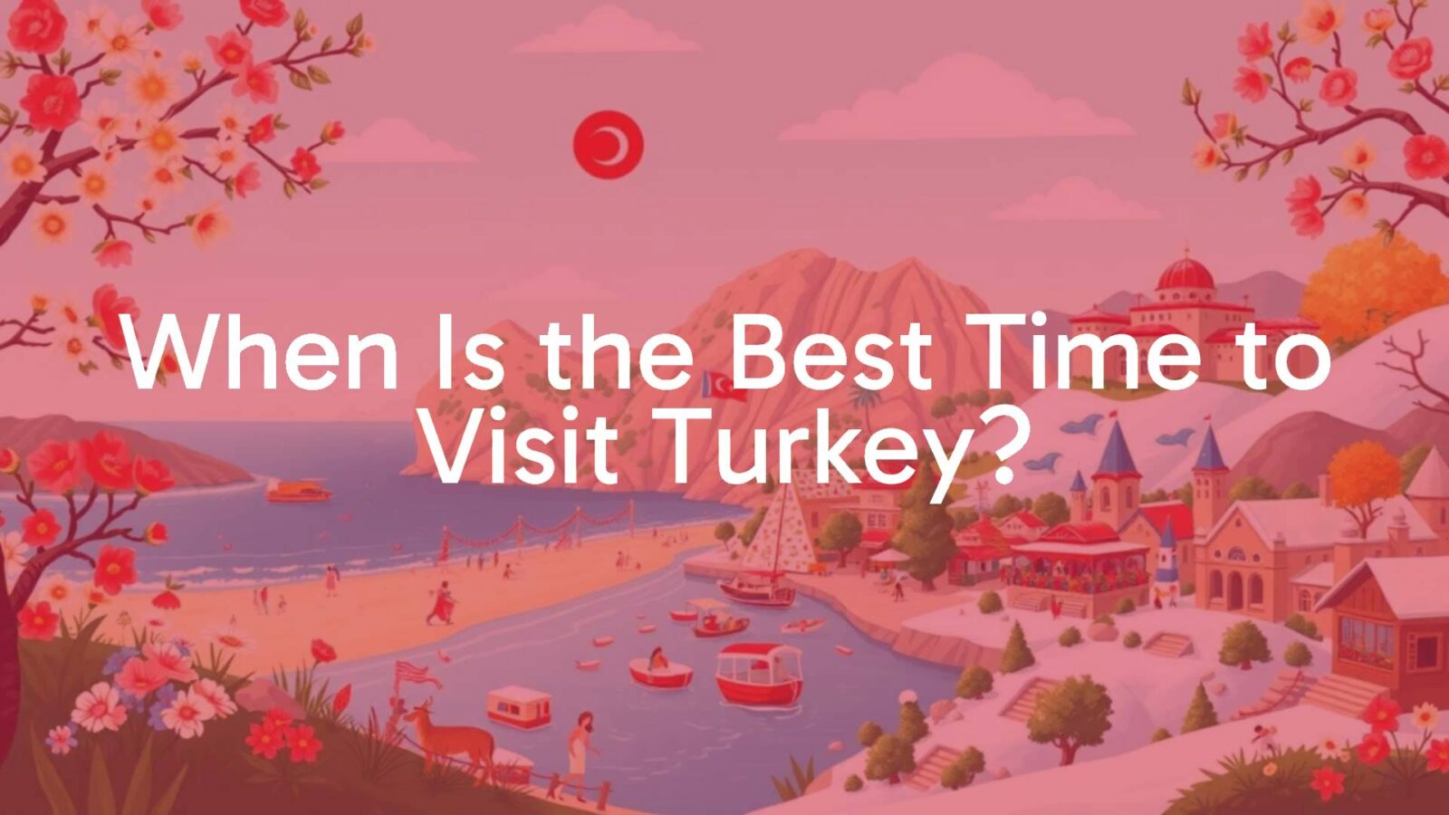 Scenic view of Turkey with diverse seasons, spring flowers, summer beaches, autumn cultural events, and winter snowy landscapes, vibrant and inviting, illustrated.