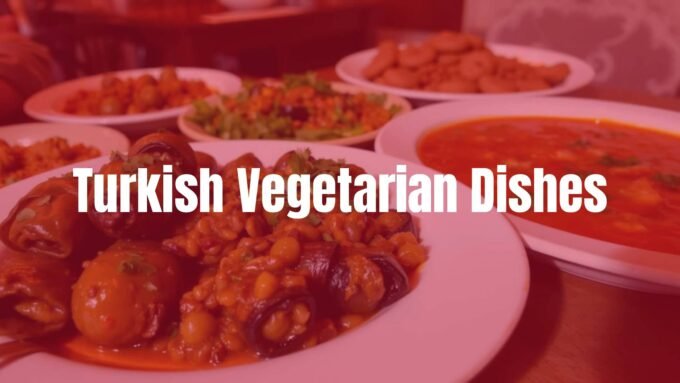 A colorful spread of Turkish vegetarian dishes, including stuffed grape leaves, lentil soup, and eggplant dishes, fresh herbs, rustic table setting, warm lighting, vibrant and inviting.