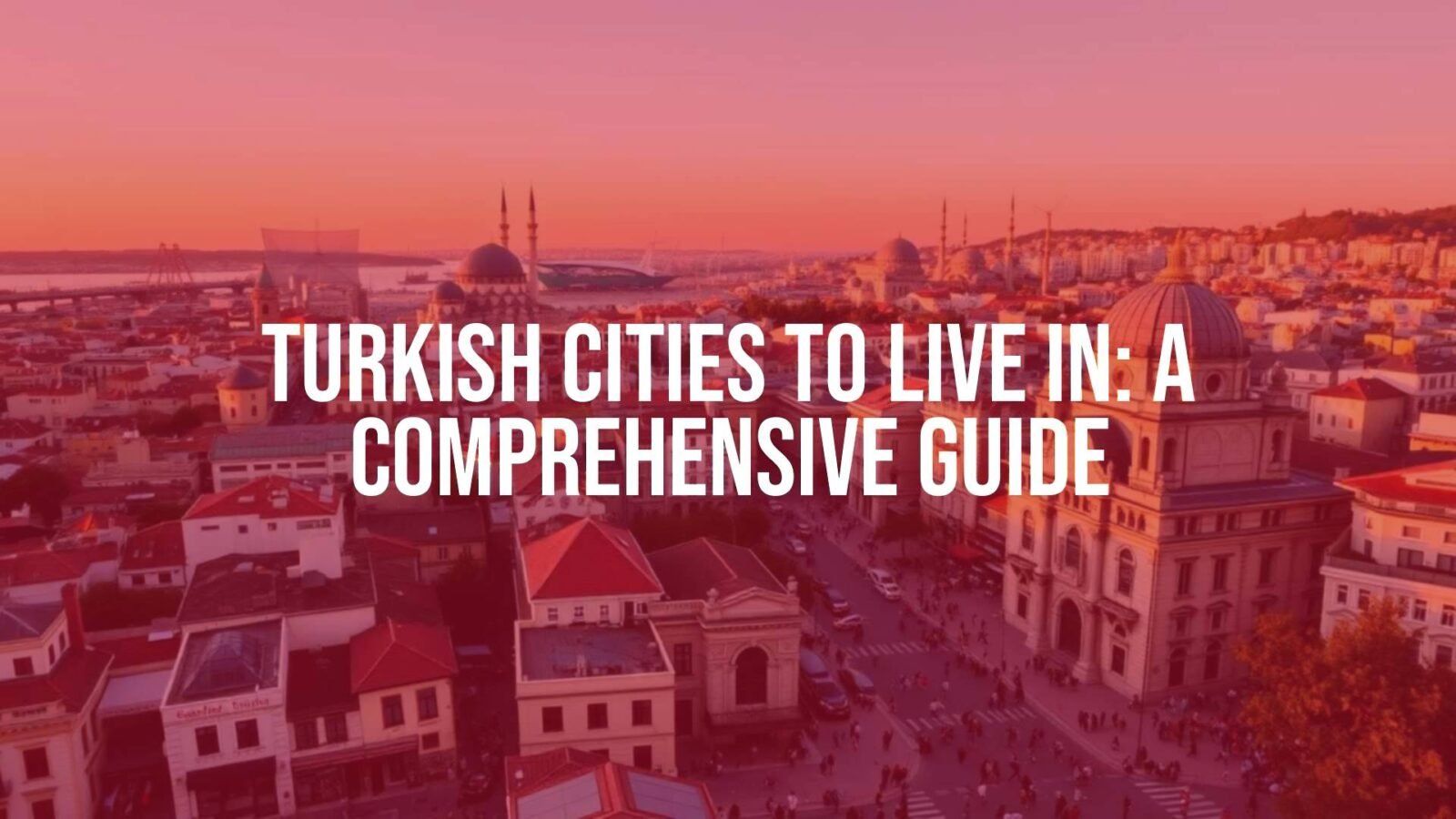 Panoramic view of a vibrant Turkish city, historic landmarks mixed with modern buildings, sunset lighting, lively streets, cultural diversity, realistic.