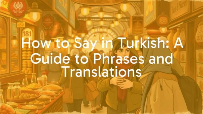 Turkish language guide featuring a friendly conversation between locals and a traveler, Istanbul bazaar background, warm and welcoming mood, semi-realistic style.