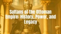A majestic Ottoman sultan in royal attire standing in a grand palace hall, golden lighting, intricate details, historical realism.