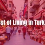 A vibrant street scene in Turkey with a mix of modern and traditional elements, bustling marketplace, colorful textiles, realistic style.