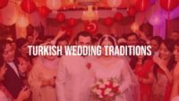 A vibrant Turkish wedding scene with a bride and groom in traditional attire, surrounded by family and friends, festive decorations, and lively music, colorful and joyful atmosphere, realistic.