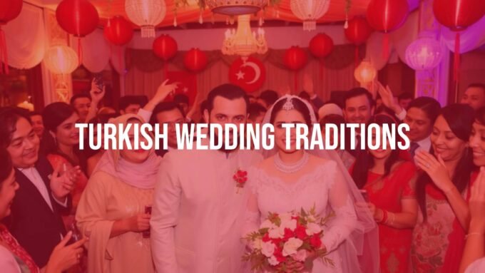 A vibrant Turkish wedding scene with a bride and groom in traditional attire, surrounded by family and friends, festive decorations, and lively music, colorful and joyful atmosphere, realistic.