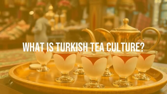 A traditional Turkish tea setting with tulip-shaped glasses, steaming tea, and a copper tea pot on a wooden tray, vibrant bazaar background, warm and inviting atmosphere, realistic.