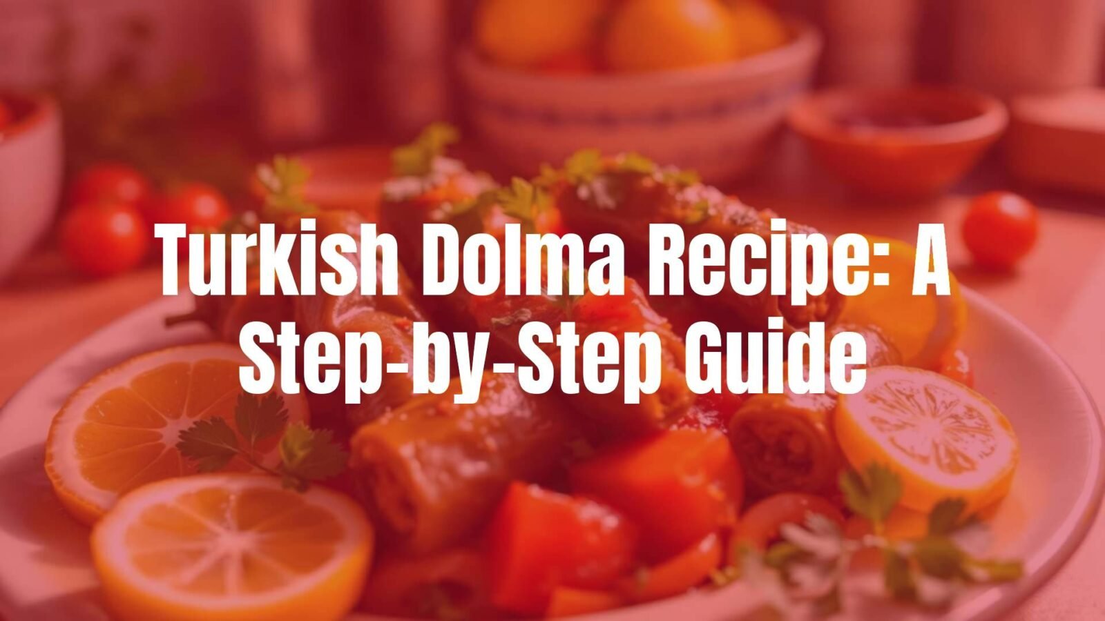 A colorful plate of Turkish dolma, stuffed grape leaves and peppers, garnished with lemon slices and fresh herbs, warm mediterranean kitchen lighting, realistic.