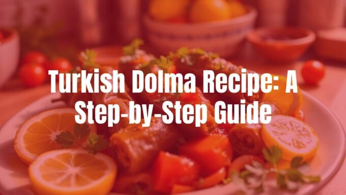 A colorful plate of Turkish dolma, stuffed grape leaves and peppers, garnished with lemon slices and fresh herbs, warm mediterranean kitchen lighting, realistic.