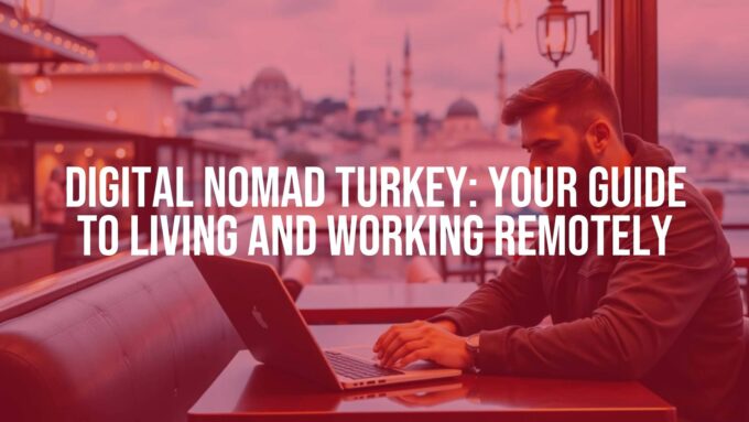 A digital nomad working on a laptop in a vibrant Turkish cafe, Istanbul skyline in the background, mix of modern and traditional elements, warm lighting, realistic.