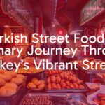 Busy Turkish street food market, colorful stalls with sizzling grills, fresh bread and roasted meat, vendors calling out, vibrant and lively atmosphere, realistic.