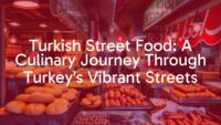 Busy Turkish street food market, colorful stalls with sizzling grills, fresh bread and roasted meat, vendors calling out, vibrant and lively atmosphere, realistic.